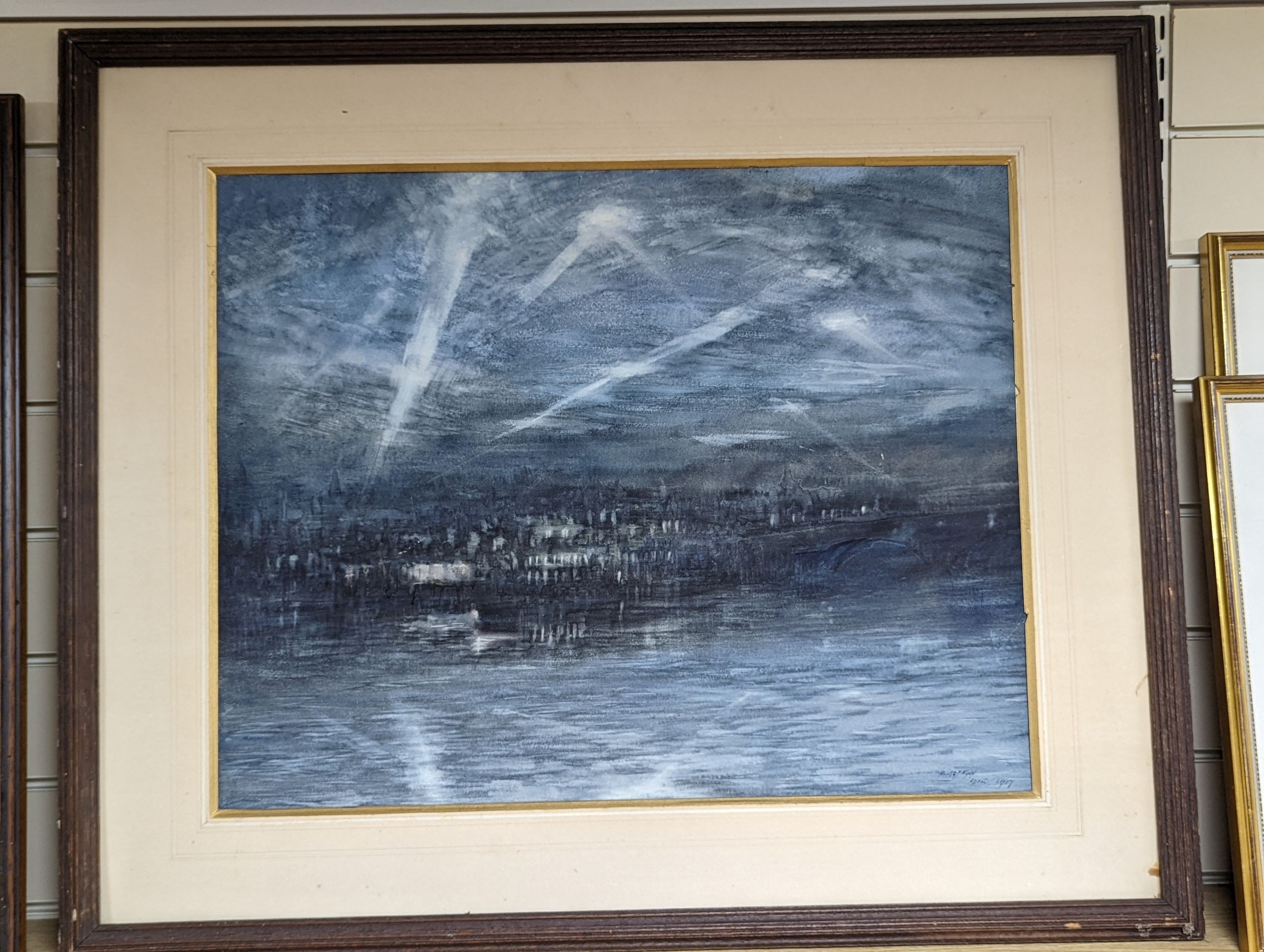 Herbert John Finn (1861-1942), watercolour, 'Searchlights over Thames', signed and dated April 1917, 48 x 60cm